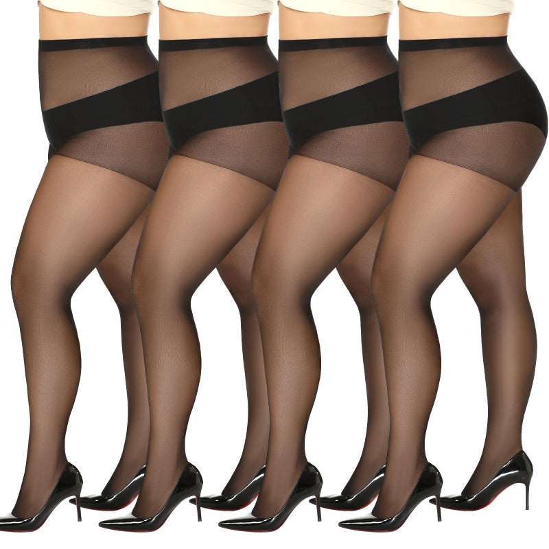 MANZI Women's Plus Size Pantyhose 4 Pairs Ultra Sheer Nylon Tights Black 3X - Image 1